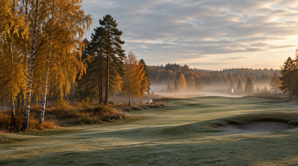 Dimmig golfbana i höstfärger vid soluppgång