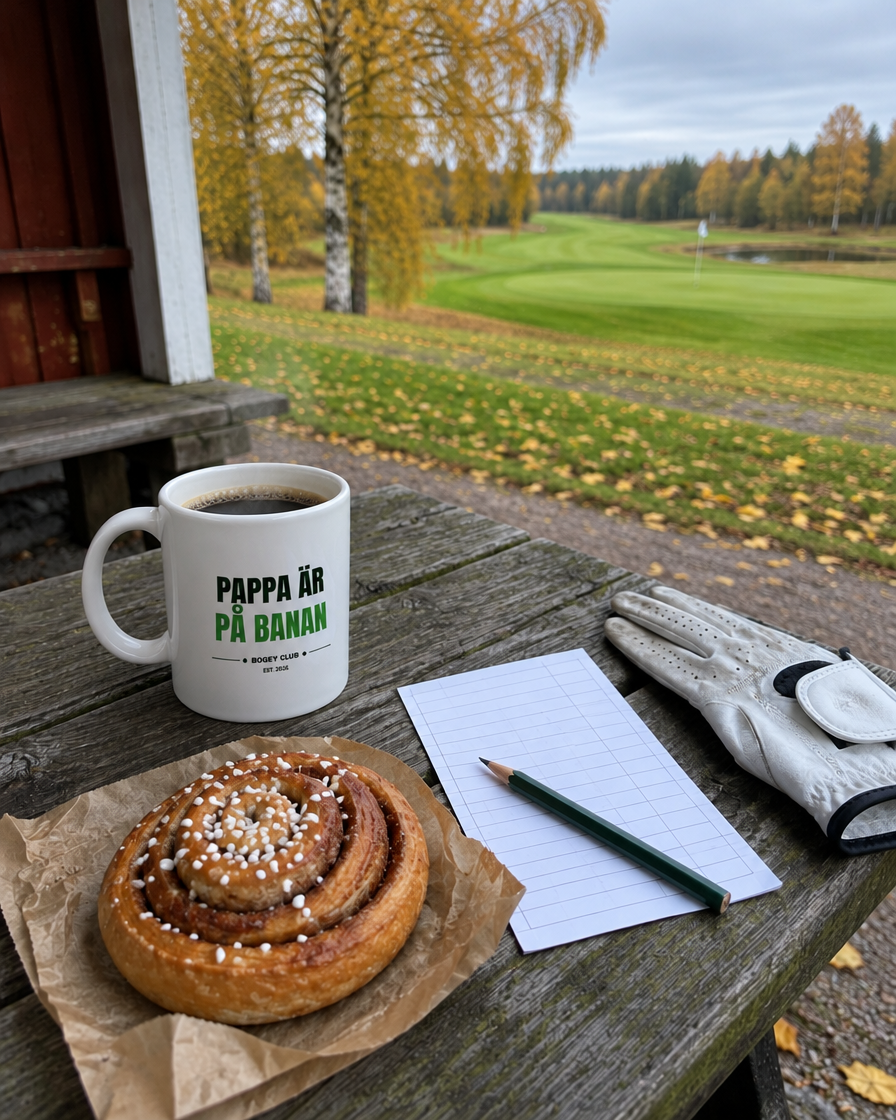 Pappa är på banan – mugg med kaffe och kanelbulle vid nian