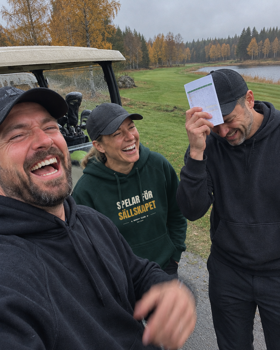 Spelar för sällskapet – hoodie bland skrattande golfkompisar vid golfbilen