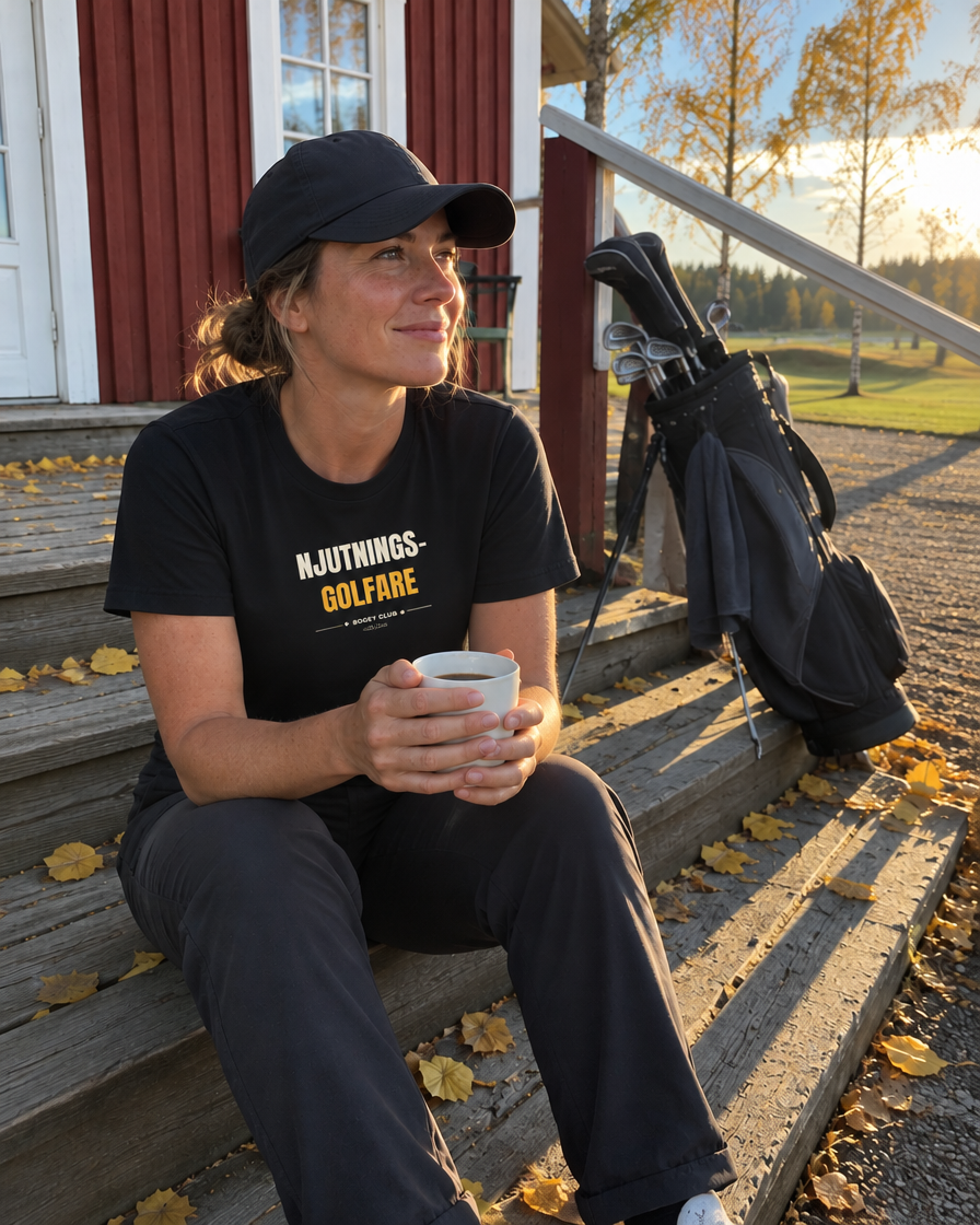 Njutningsgolfare – dam-t-shirt på klubbhustrappan efter rundan