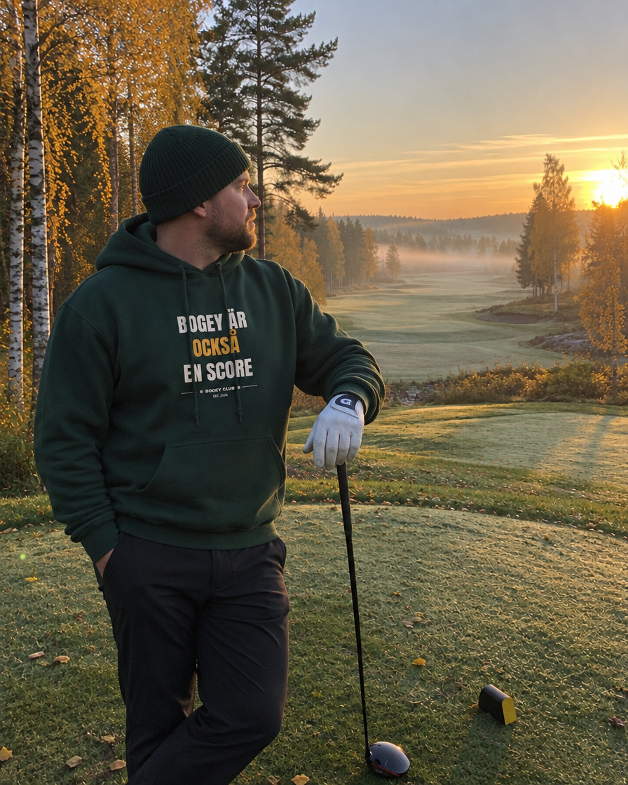 Bogey är också en score – skogsgrön hoodie på första tee en dimmig höstmorgon